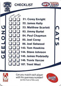 2012 Team Zone AFL Team - Team Checklists #NNO Geelong Cats Back